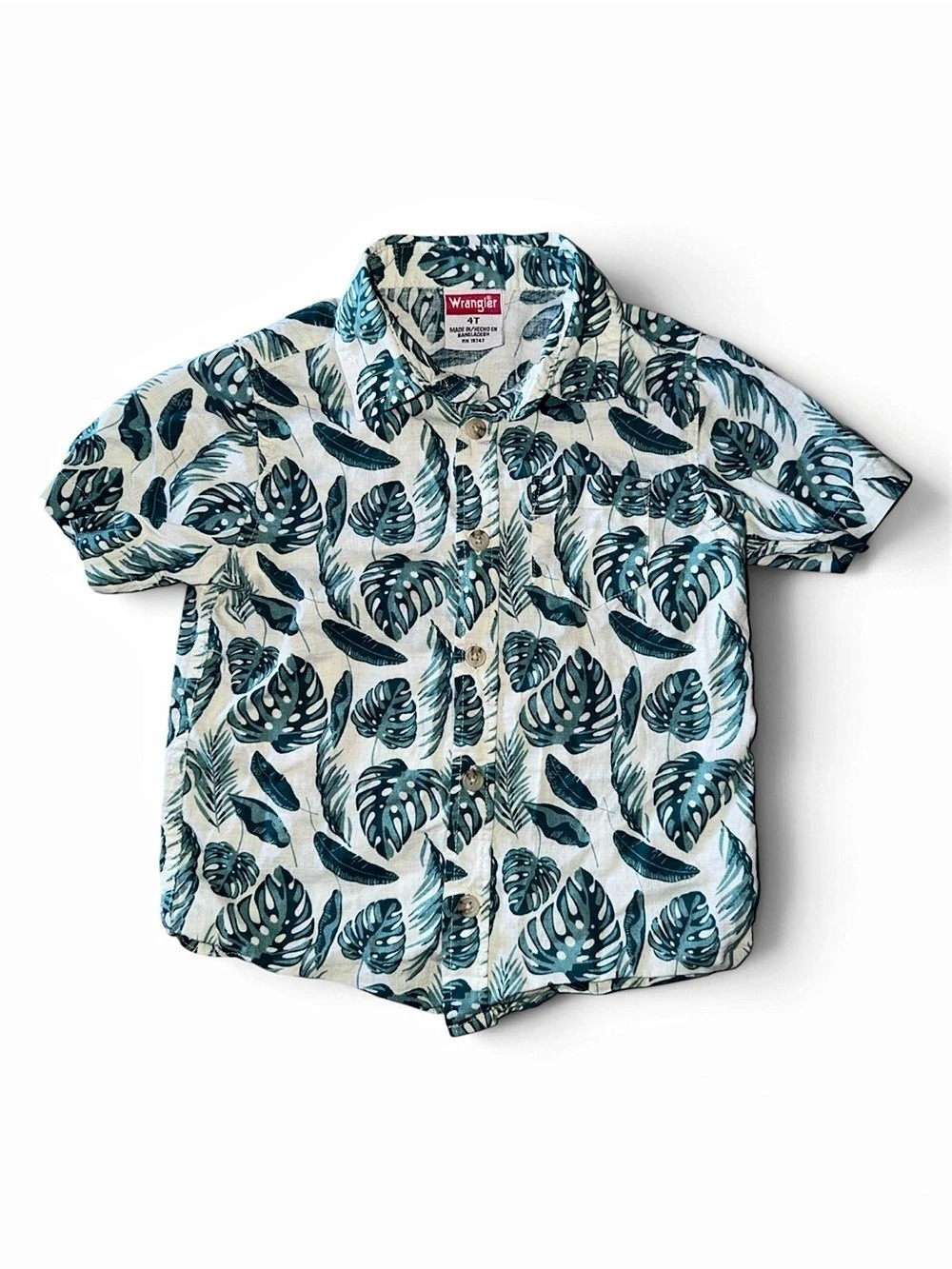 Wrangler Boys Button Down Shirt Monstera Leaf White & Green Size 4T